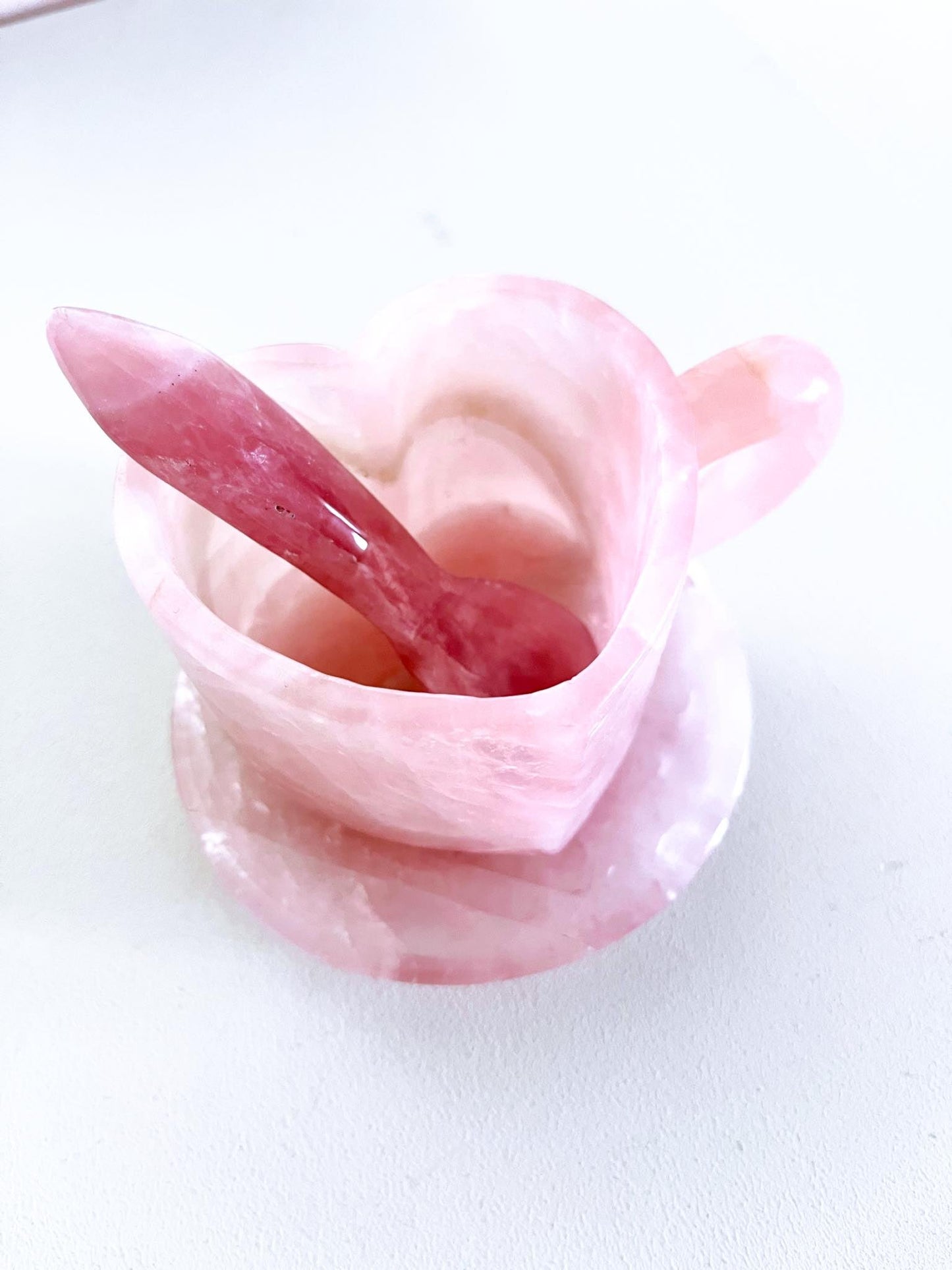 Deko Rosenquarz Herz Tasse Kristall Becher mit Teller und Löffel SET. Rosequartz Heart Cup Mug ca. cm - Handcarved