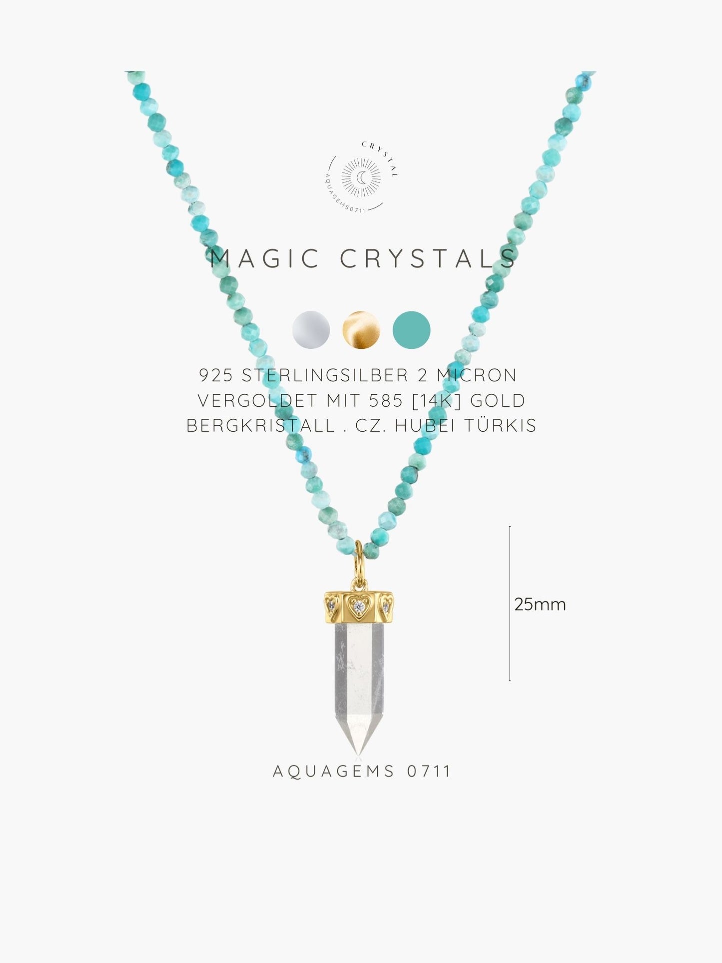 Hubei Türkis Kette mit Bergkristall & CZ Anhänger Herz MAGIC CRYSTALS COLLECTION . 925 Sterlingsilber vergoldet
