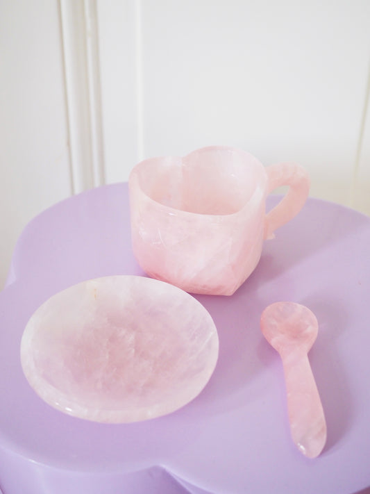 Deko Rosenquarz Herz Tasse Kristall Becher mit Teller und Löffel SET. Rosequartz Heart Cup Mug ca. cm - Handcarved