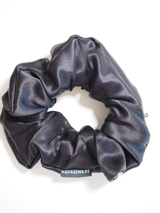 CRYSTAL SCRUNCHIE 100% Maulbeerseiden Haargummi mit Kristall Tasche & Schwarzem Turmalin - SCHWARZ