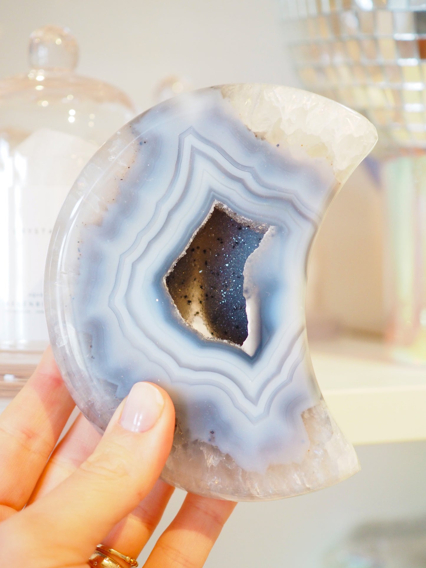 Druzy Achat Mond Blau Grau ca. 12 cm - Handcarved aus Brasilien HIGH QUALITY