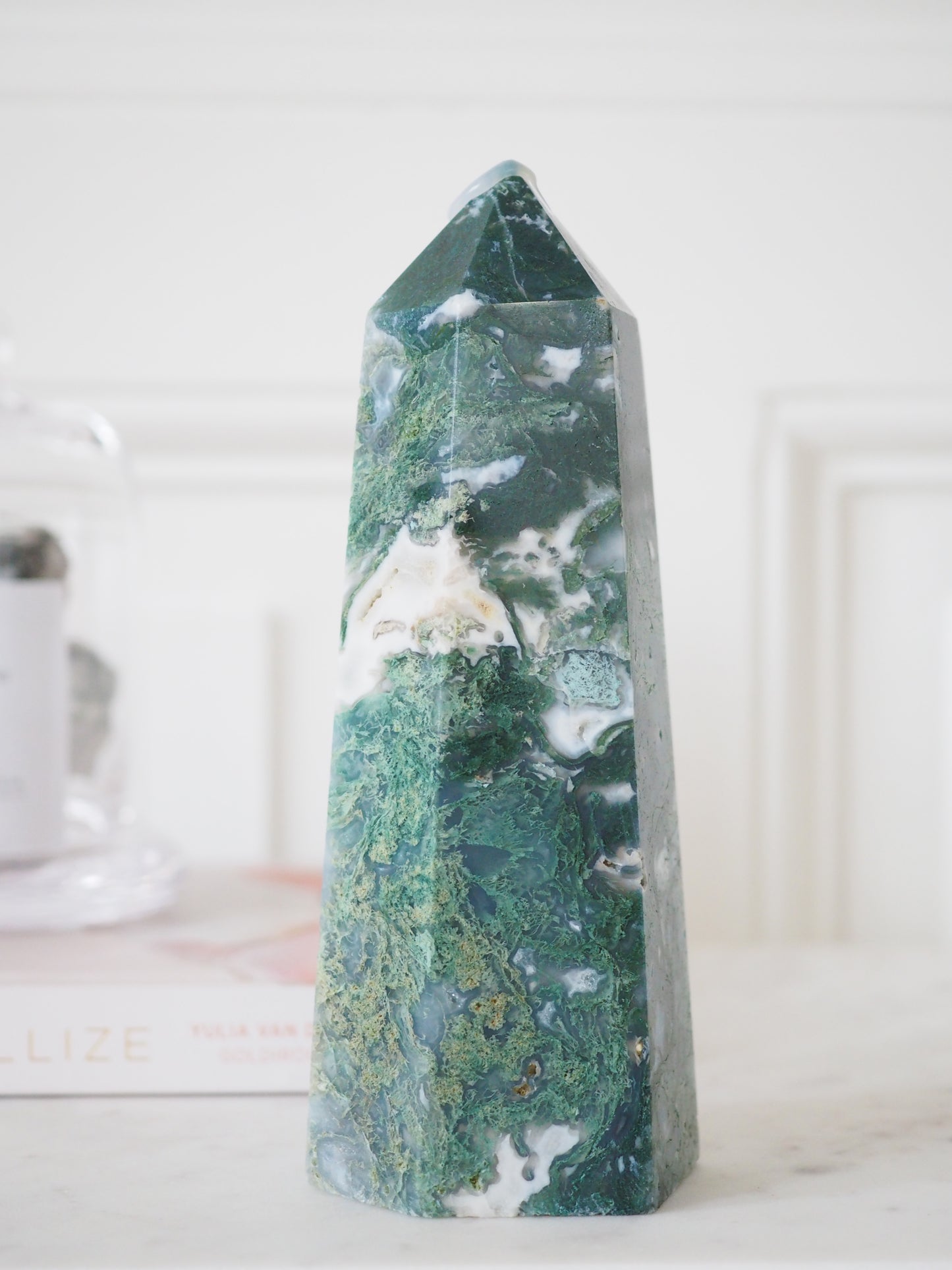 XL Moos Achat Spitze . Moss Agate Tower ca 15cm ca 590g