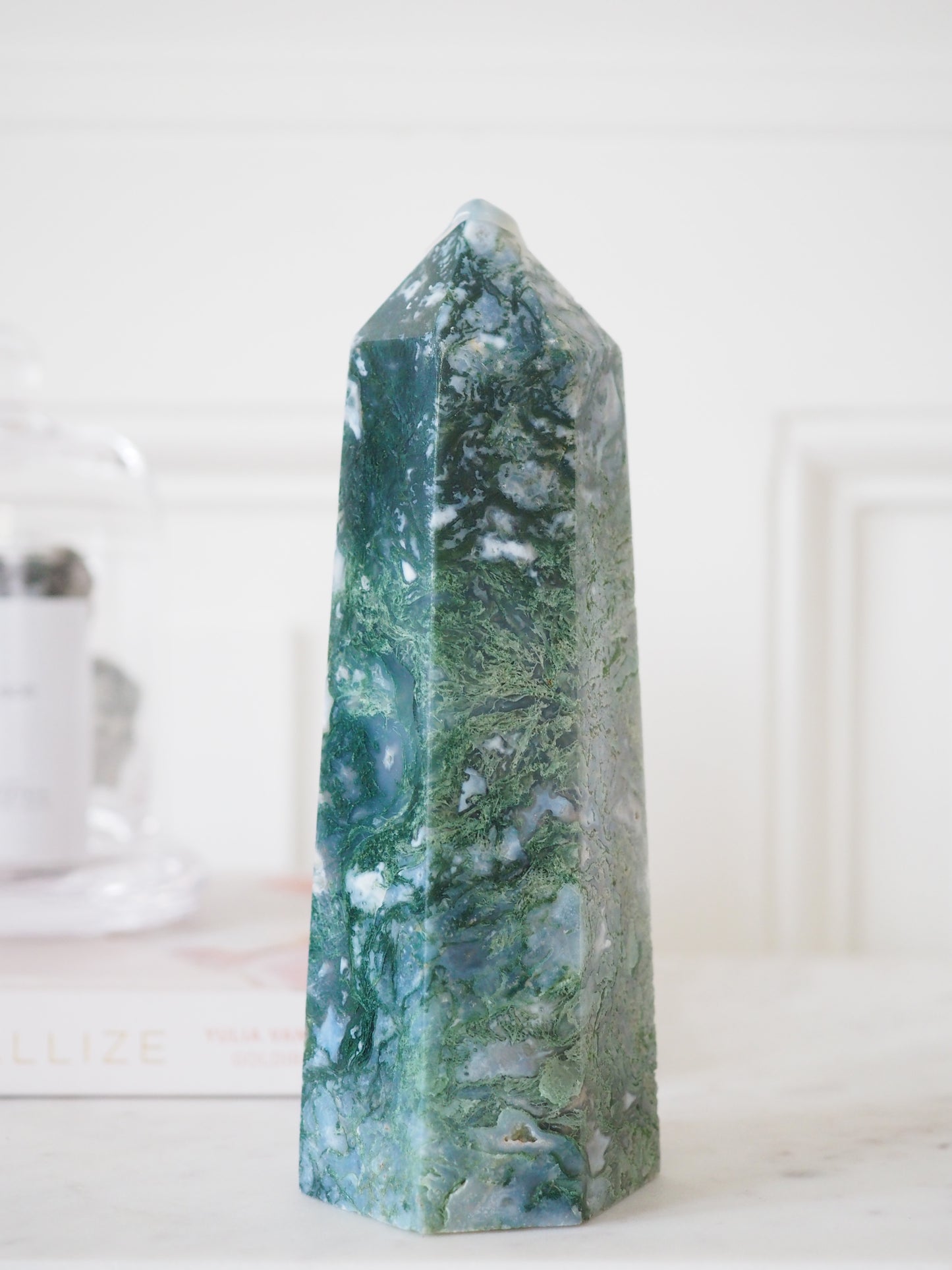 XL Moos Achat Spitze . Moss Agate Tower ca 15cm ca 590g