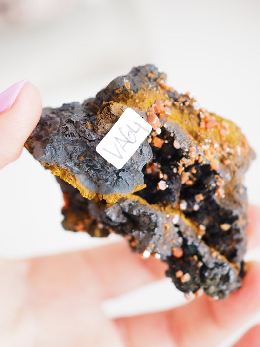 Sparkly Vanadinit mit Psilomelane . Goethite- aus Mibladen Bergbau Bezirk . Midelt. Marokko