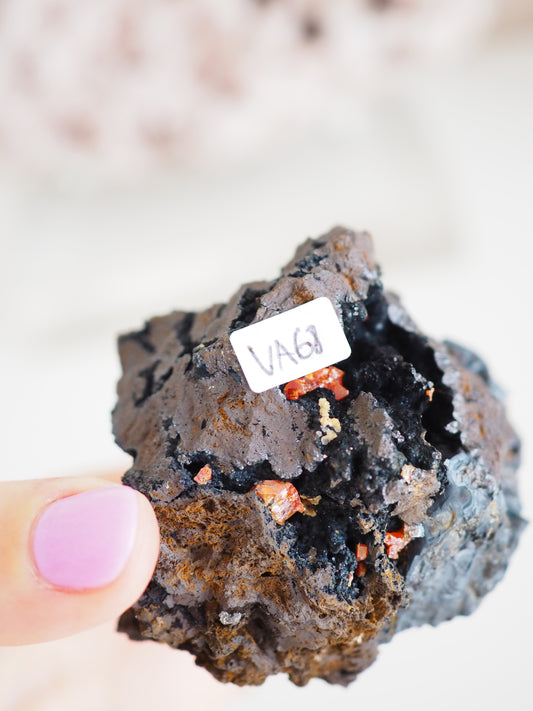 Vanadinit mit Psilomelane . Goethite- aus Mibladen Bergbau Bezirk . Midelt. Marokko