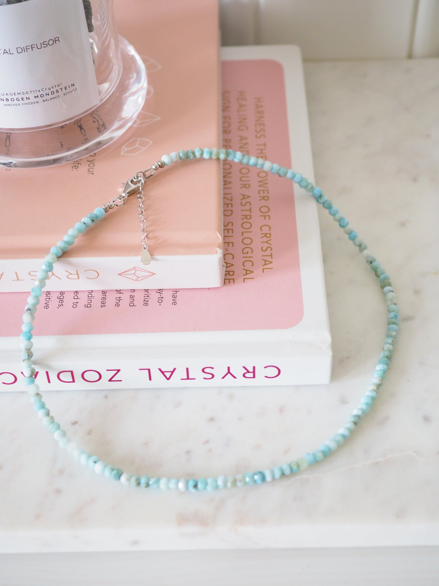 Larimar Hals Kette Facettiert 925 Sterlingsilber Rhodiniert ca. 4x3 mm - Larimar aus der Dominikanischen Republik AA Qualität