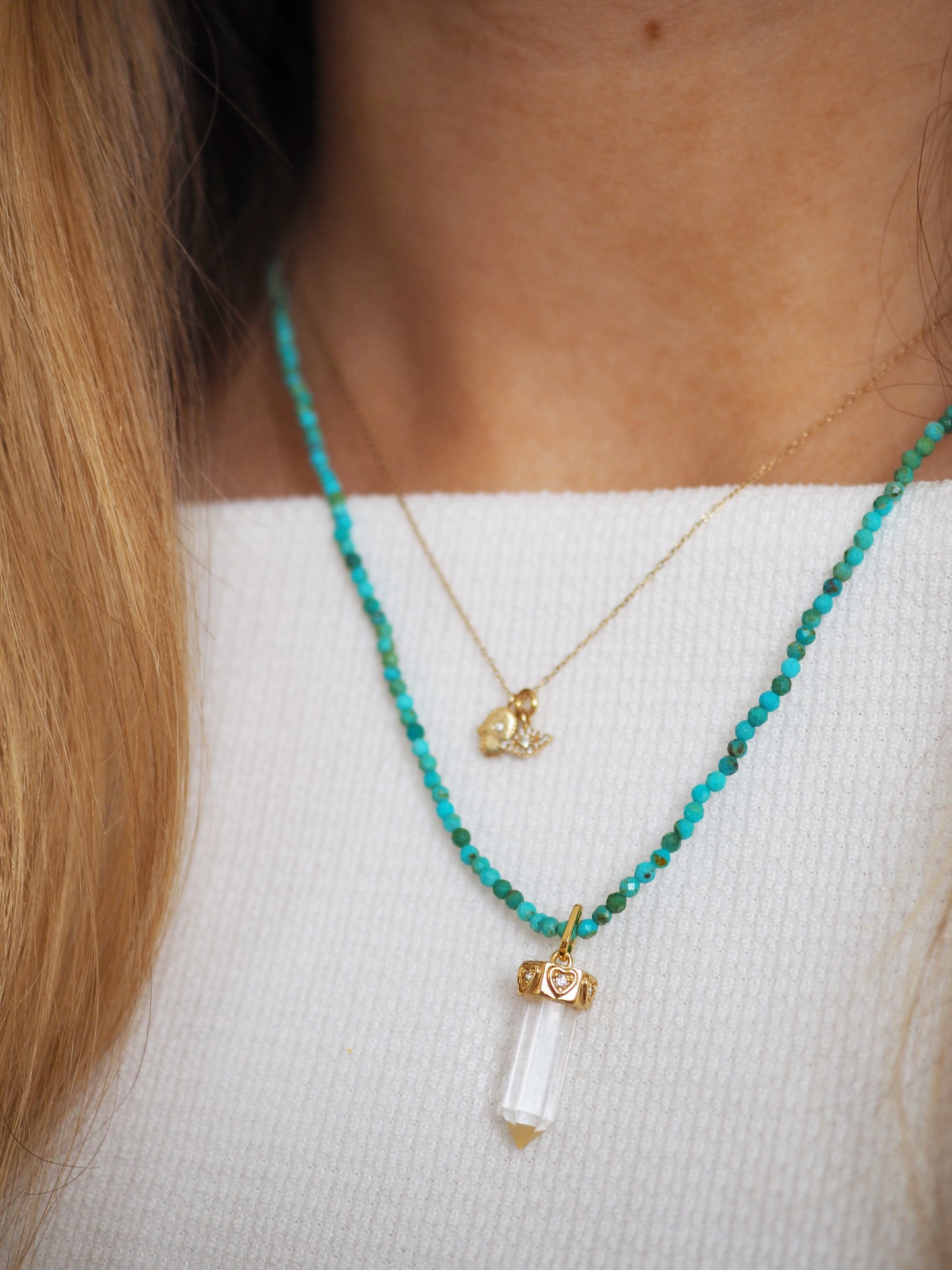 Hubei Türkis Kette mit Bergkristall & CZ Anhänger Herz MAGIC CRYSTALS COLLECTION . 925 Sterlingsilber vergoldet