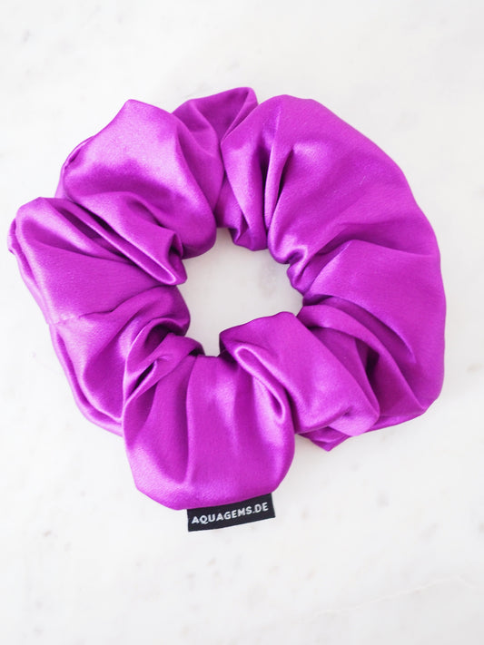 CRYSTAL SCRUNCHIE 100% Maulbeerseiden Haargummi mit Kristall Tasche & Schwarzem Turmalin - VIOLETT LUXE . Dunkel Lila