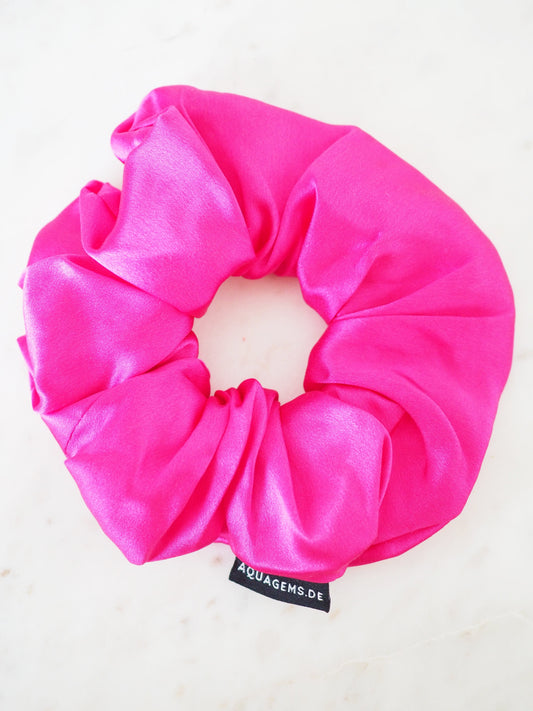 CRYSTAL SCRUNCHIE 100% Maulbeerseiden Haargummi mit Kristall Tasche & Schwarzem Turmalin - HOT PINK