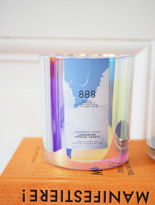888 BALANCE AURA CRYSTAL CANDLE . Blauer Chalcedon & Regenbogen Mondstein