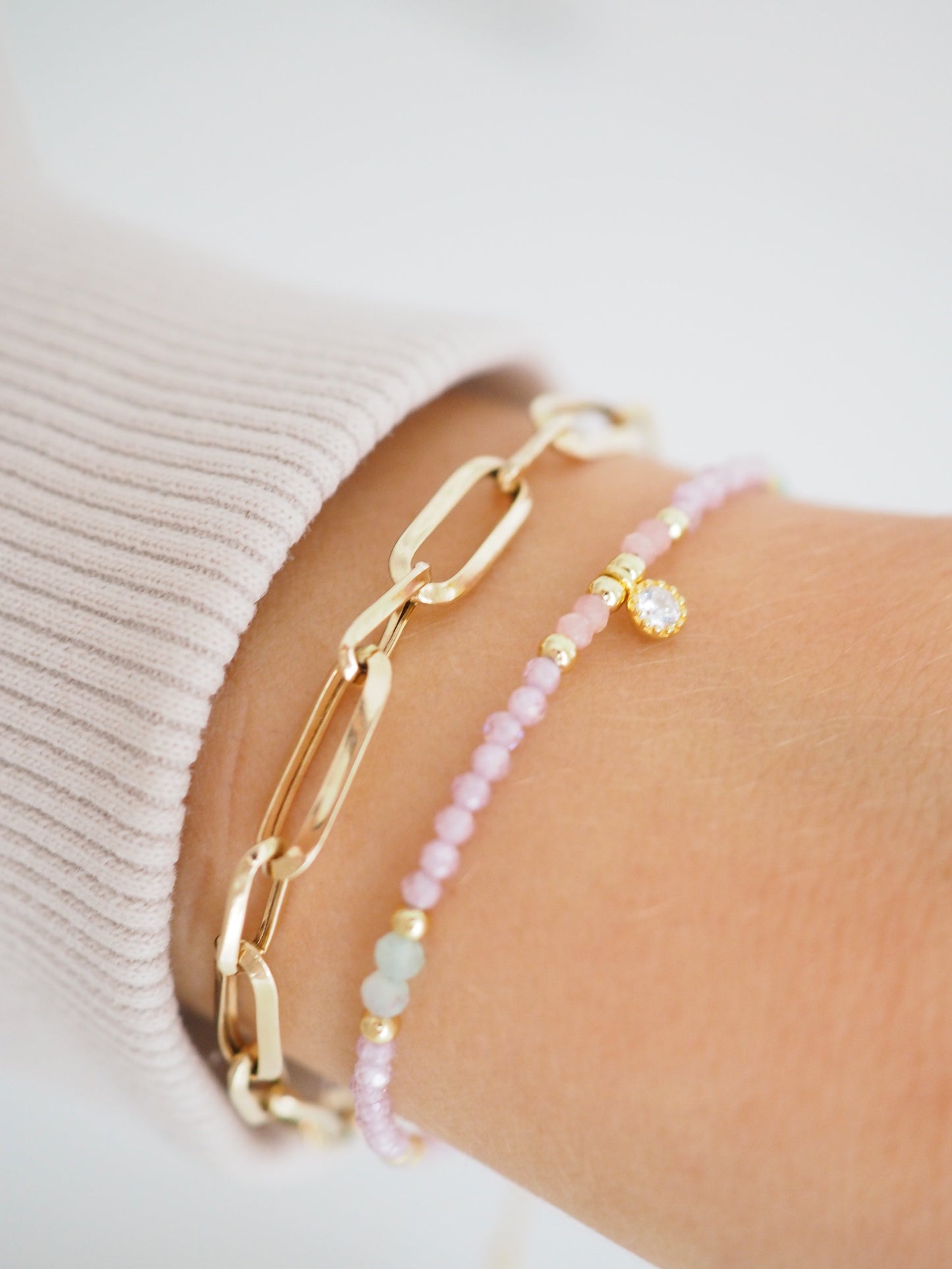 Facettiertes Armband Opal. Chrysopras. Zirkon & Rhodochrosit ca. 16-19cm mit Zirkonia Anhänger 925 Sterlingsilber vergoldet