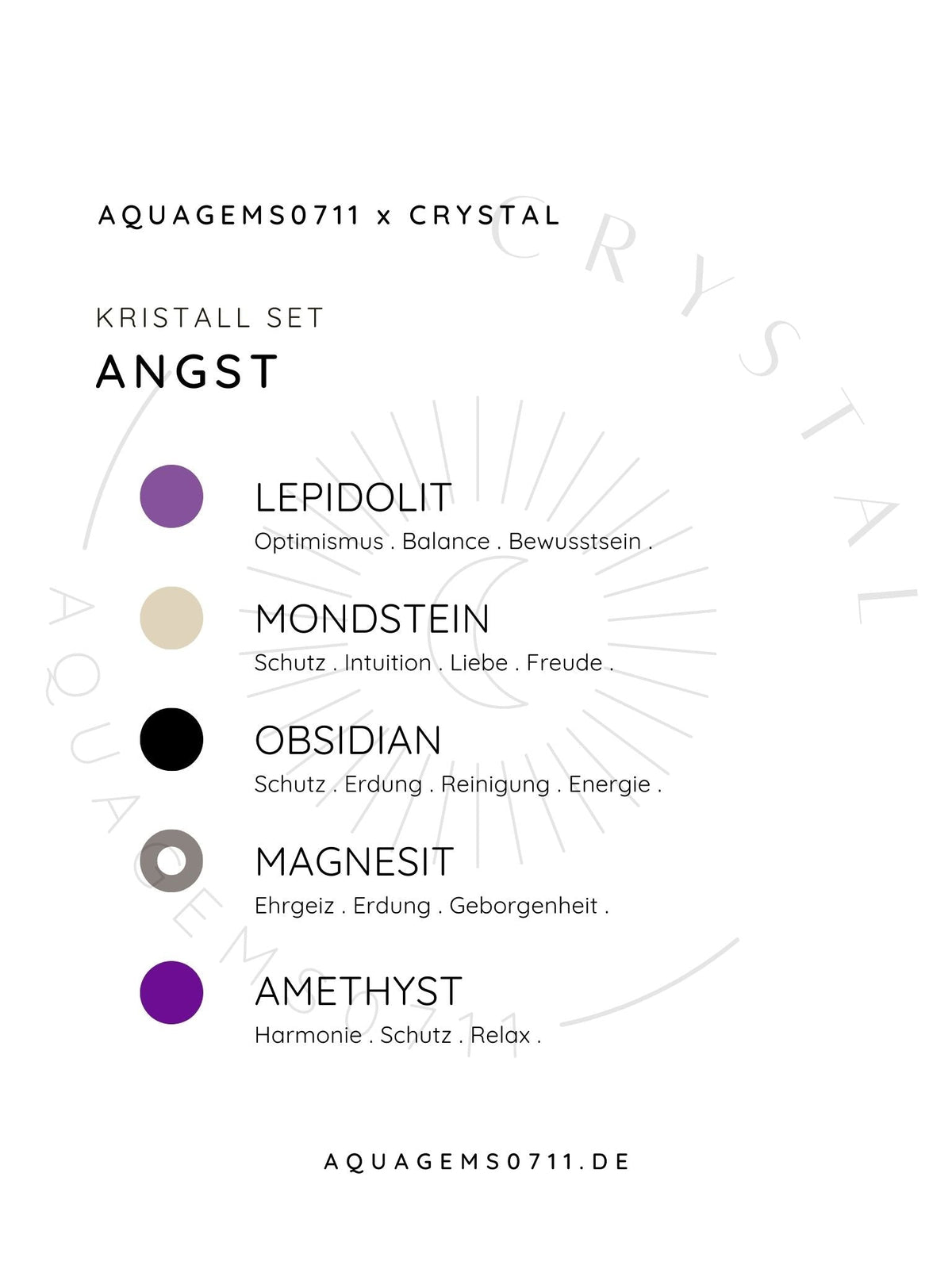 Kristall Set Angst . CRYSTAL KIT ANXIETY . Lepidolite . Mondstein . Obsidian . Magnesit . Amethyst