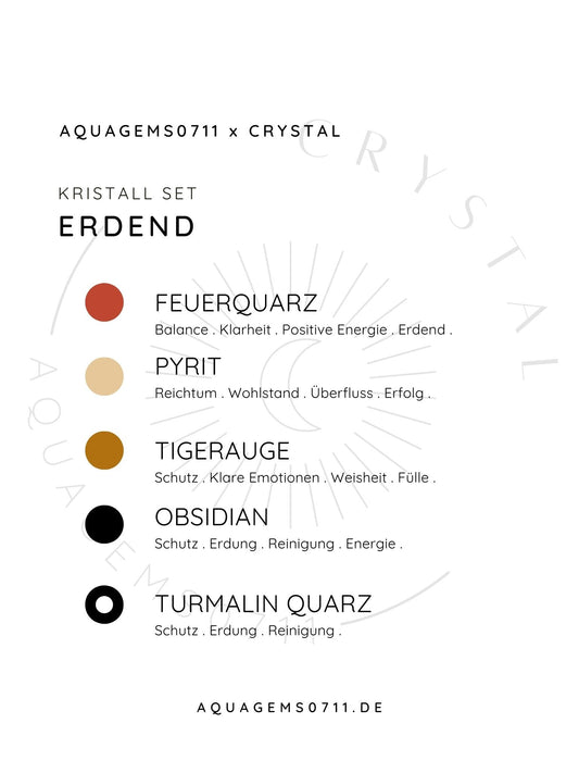 Kristall Set Erdend . CRYSTAL KIT GROUNDING . Feuerquarz . Pyrit . Tigerauge . Obsidian . Turmalin Quarz