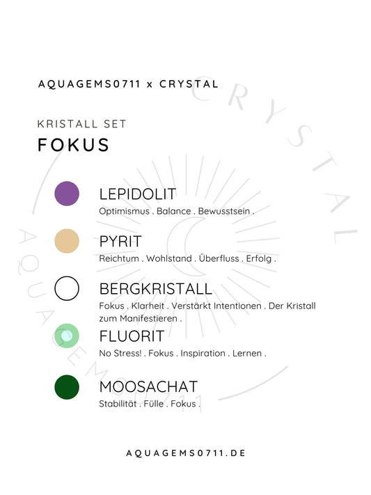 Kristall Set Fokus . CRYSTAL KIT FOCUS . Lepidolite . Pyrit . Bergkristall . Fluorit . Moosachat