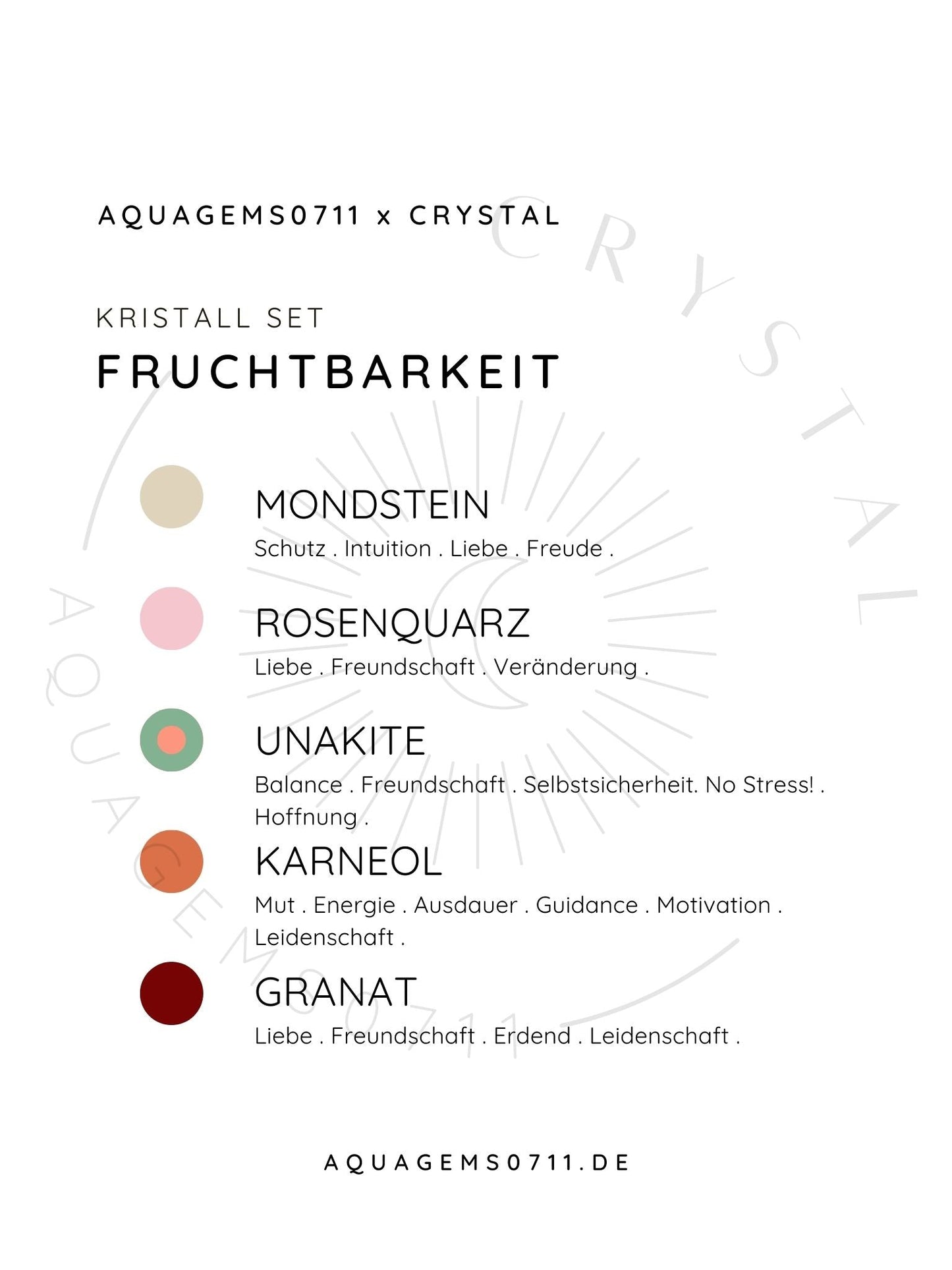 Kristall Set Fruchtbarkeit . CRYSTAL KIT FERTILITY . Mondstein. Rosenquarz . Unakite . Karneol . Granat