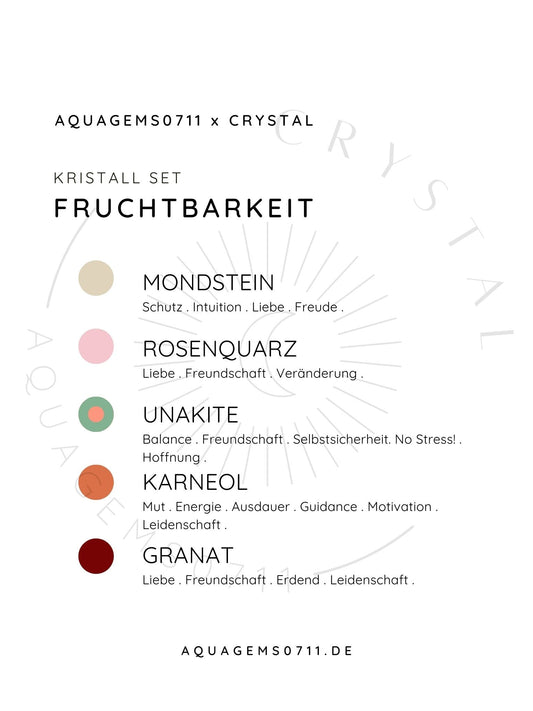 Kristall Set Fruchtbarkeit . CRYSTAL KIT FERTILITY . Mondstein. Rosenquarz . Unakite . Karneol . Granat