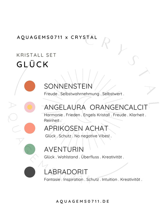 Kristall Set Glück . CRYSTAL KIT GOOD LUCK . Sonnenstein . AngelAura Orangencalcit . Aprikosen Achat . Aventurin. Labradorit
