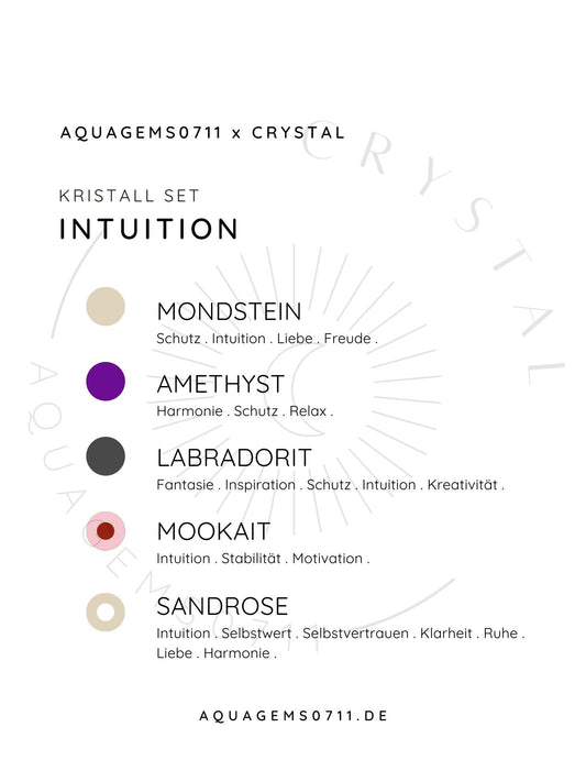 Kristall Set Intuition . CRYSTAL KIT INTUITION . Mondstein . Amethyst . Labradorit . Mookait . Sandrose
