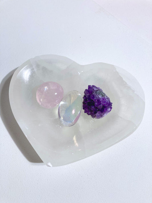 Selenit Herz Edelstein. Kristall Schale . Bowl LARGE ca.12-13cm - aus Marokko Hand Carved