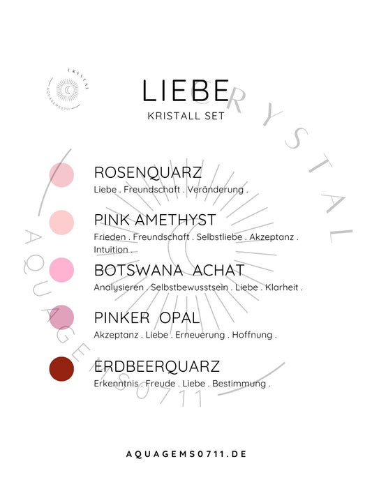 Kristall Set Liebe . CRYSTAL KIT LOVE . Rosenquarz . Pink Amethyst . Botswana Achat . Pinker Opal . Erdbeerquarz