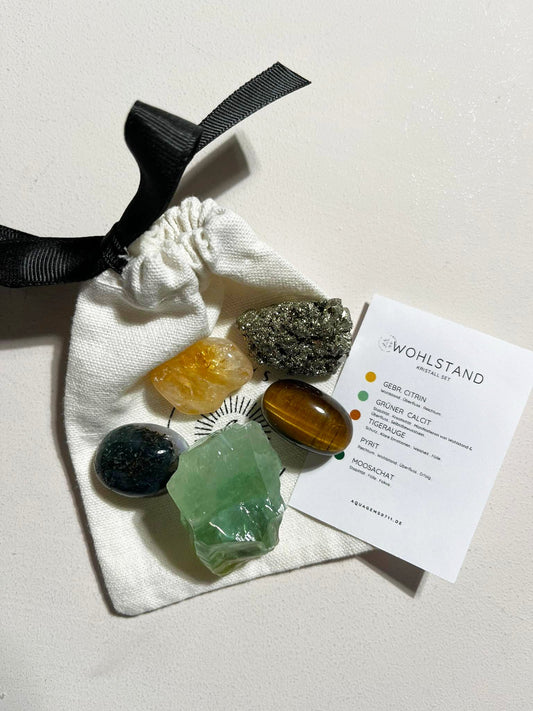 Kristall Set . Erfolg . Geld . Überfluss . CRYSTAL KIT MONEY & ABUNDANCE . Citrin . Grüner Calcit . Tigerauge . Pyrit . Moosachat