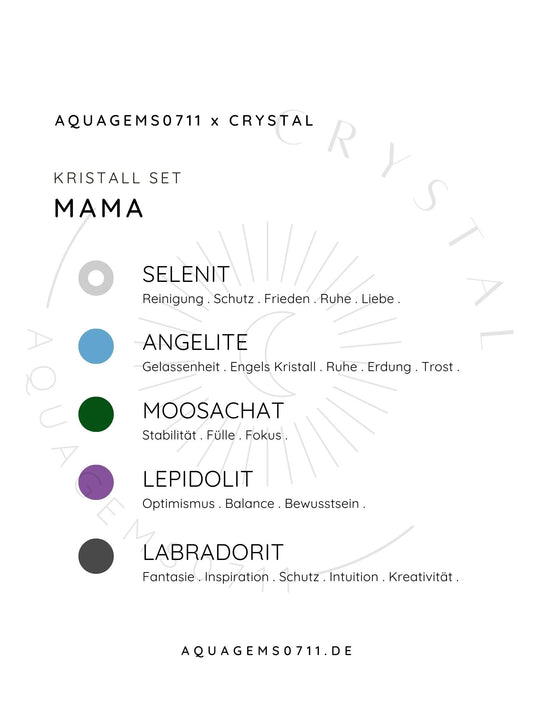 Kristall Set Mama . CRYSTAL KIT MOM . Selenit . Angelite . Moosachat . Lepidolite . Labradorit