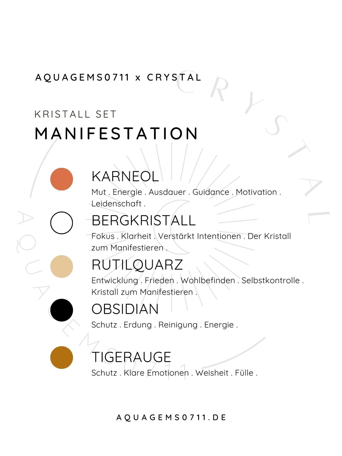 Kristall Set . Manifestation CRYSTAL KIT MANIFESTATION . Karneol . Bergkristall . Rutil Quarz . Obsidian . Tigerauge