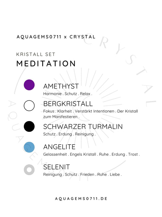 Kristall Set Meditation . CRYSTAL KIT MEDITATION . Amethyst . Bergkristall . Schwarzer Turmalin . Angelite . Selenit