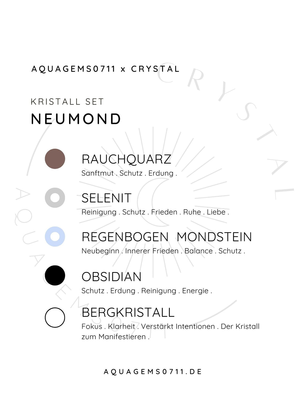 Kristall Set Neu Mond . CRYSTAL KIT NEW MOON . Rauchquarz . Selenit . Regenbogen Mondstein . Obsidian . Bergkristall