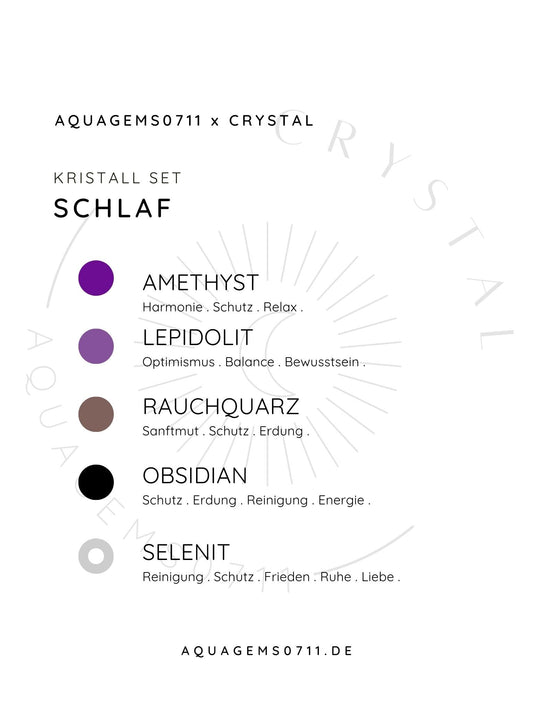 Kristall Set Schlaf . CRYSTAL KIT SLEEP . Amethyst . Lepidolit . Rauchquarz . Obsidian . Selenit