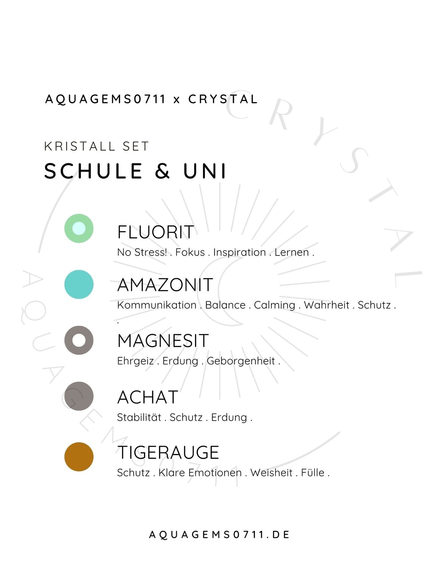 Kristall Set Schule & Uni . CRYSTAL KIT SCHOOL & UNIVERSITY . Fluorit . Amazonit . Magnesit . Achat . Tigerauge .