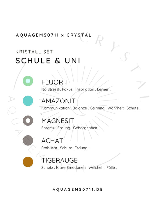 Kristall Set Schule & Uni . CRYSTAL KIT SCHOOL & UNIVERSITY . Fluorit . Amazonit . Magnesit . Achat . Tigerauge .