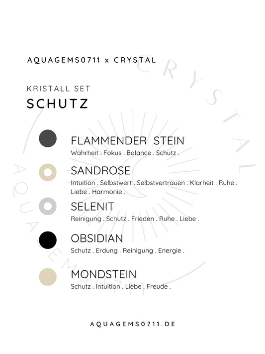 Kristall Set Schutz . CRYSTAL KIT PROTECTION . Flammender Stein Sandrose . Selenit . Obsidian . Mondstein