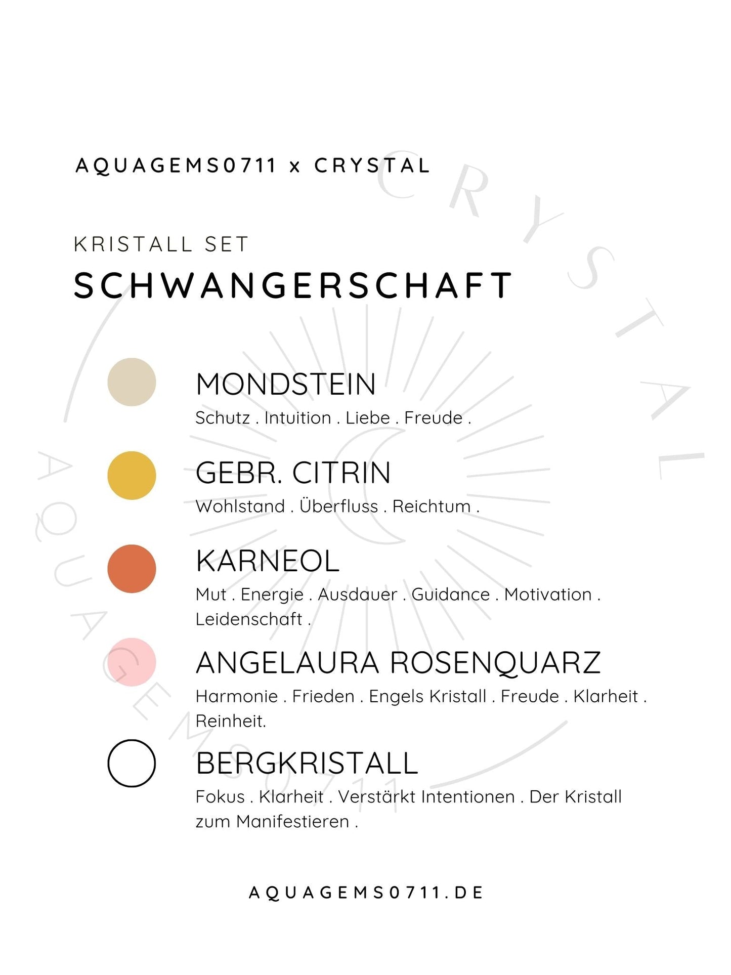 Kristall Set Schwangerschaft . CRYSTAL KIT PREGNANCY . Mondstein . Gebr. Citrin . Karneol . AngelAura Rosenquarz . Bergkristall