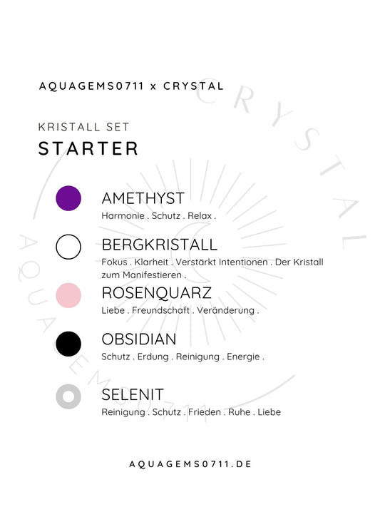 Kristall Set Beginner . CRYSTAL KIT STARTER . Amethyst . Bergkristall . Rosenquarz . Obsidian . Selenit