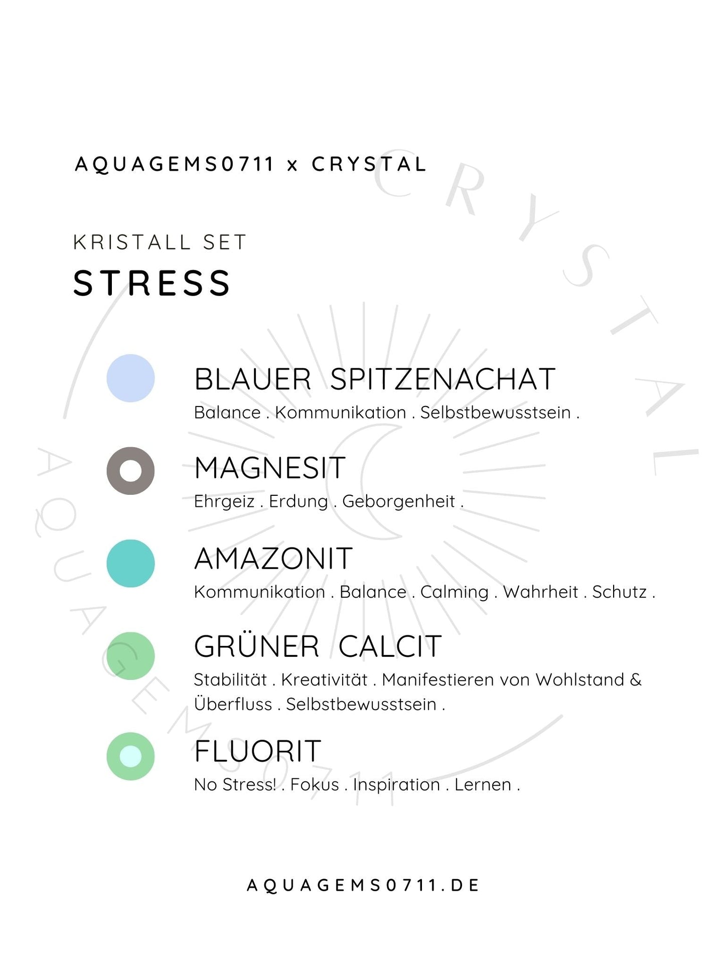 Kristall Set Stress . CRYSTAL KIT STRESS . Blauer Spitzenachat . Magnesit . Amazonit . Grüner Calcit . Fluorit