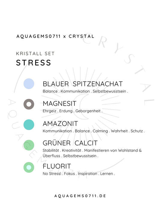 Kristall Set Stress . CRYSTAL KIT STRESS . Blauer Spitzenachat . Magnesit . Amazonit . Grüner Calcit . Fluorit