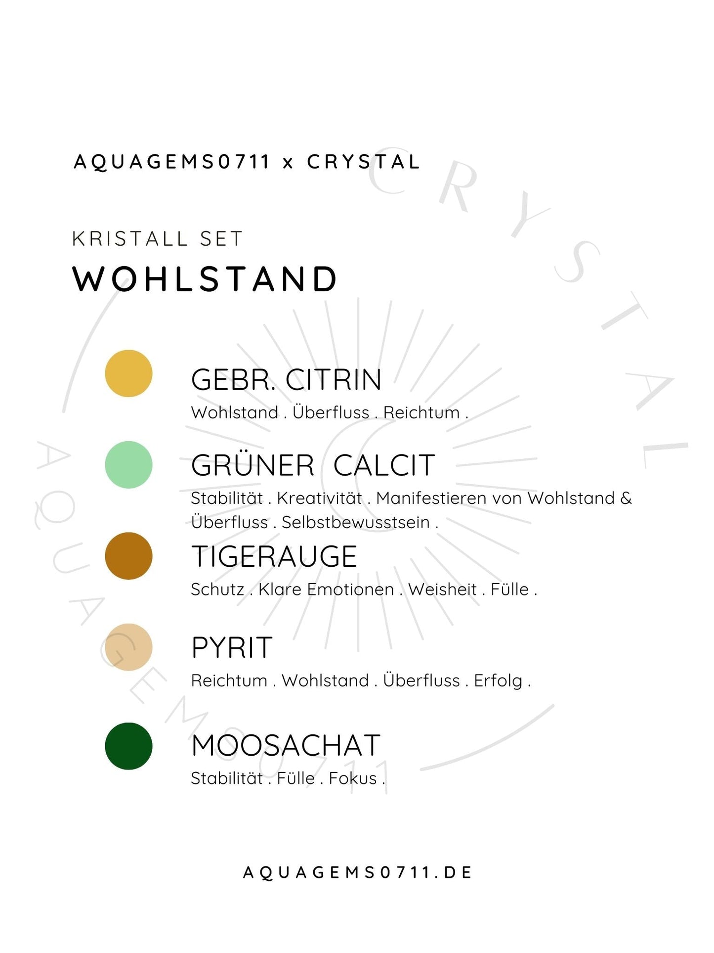 Kristall Set . Erfolg . Geld . Überfluss . CRYSTAL KIT MONEY & ABUNDANCE . Citrin . Grüner Calcit . Tigerauge . Pyrit . Moosachat