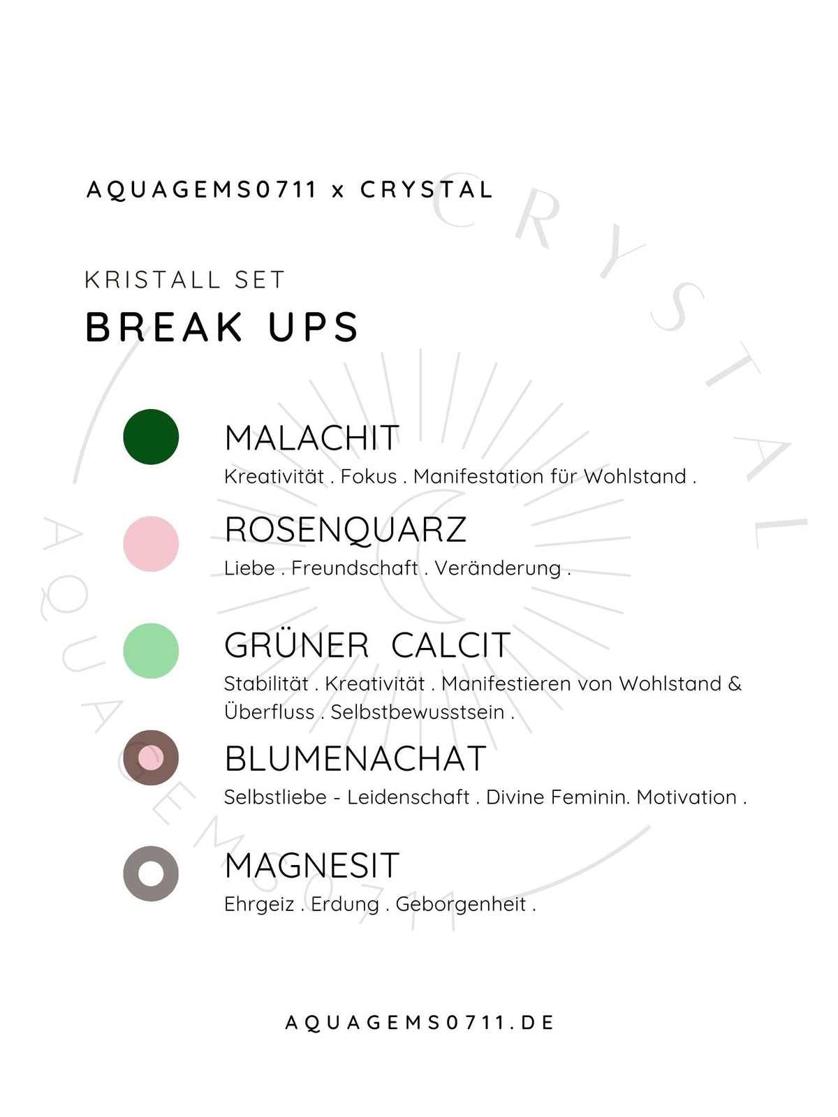 Kristall Set Trennung . CRYSTAL KIT BREAK UPS . Malachit . Rosenquarz . Grüner Calcit . Blumenachat . Magnesit .