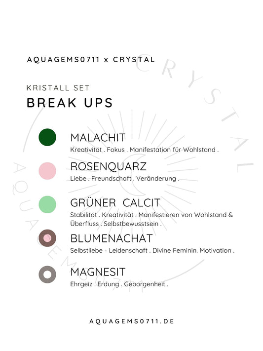 Kristall Set Trennung . CRYSTAL KIT BREAK UPS . Malachit . Rosenquarz . Grüner Calcit . Blumenachat . Magnesit .