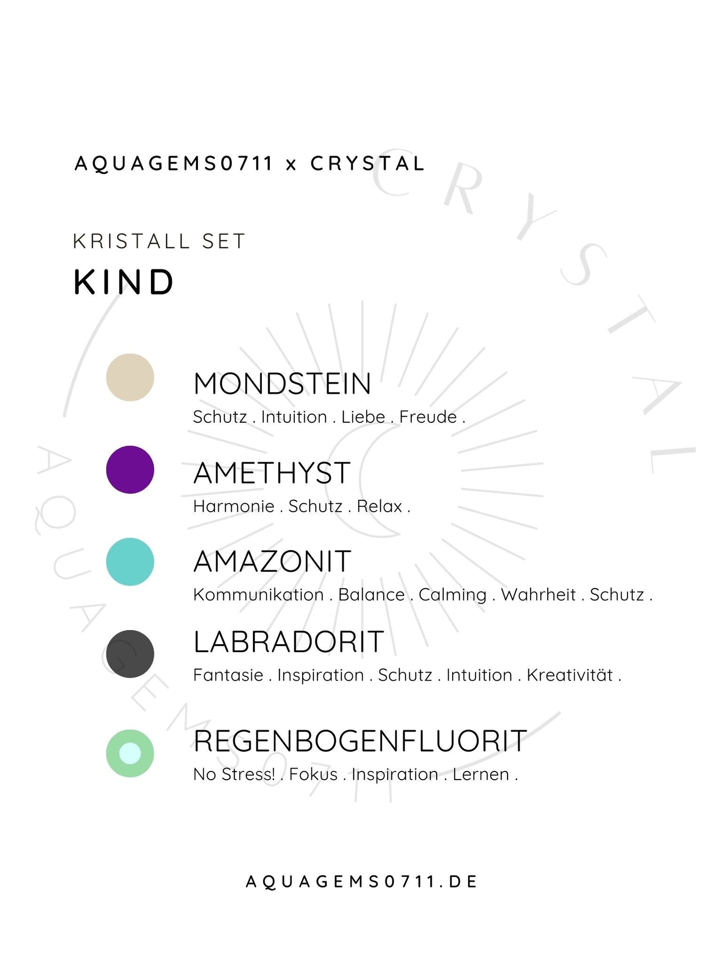 CRYSTAL KIDS Kristall Set Kind . CRYSTAL KIT KIDS . Mondstein . Amethyst . Amazonit . Labradorit Regenbogenfluorit Kugel Armband