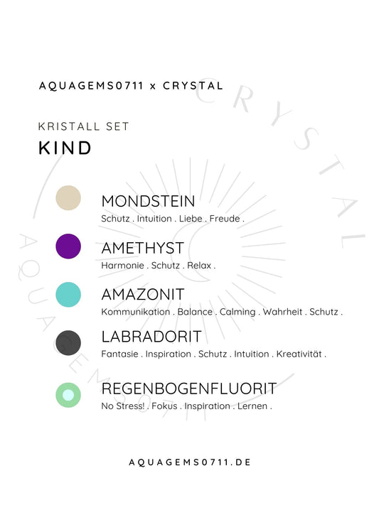 CRYSTAL KIDS Kristall Set Kind . CRYSTAL KIT KIDS . Mondstein . Amethyst . Amazonit . Labradorit Regenbogenfluorit Kugel Armband