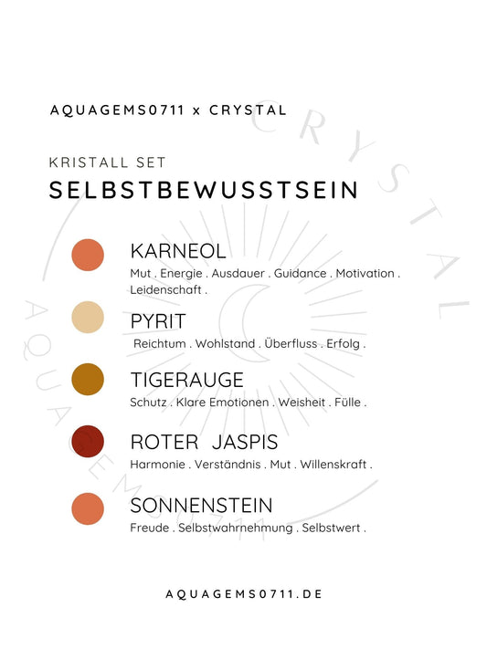 Kristall Kit Selbstbewusstsein . CRYSTAL KIT CONFIDENCE . Karneol . Pyrit . Tigerauge . Roter Jaspis . Sonnenstein
