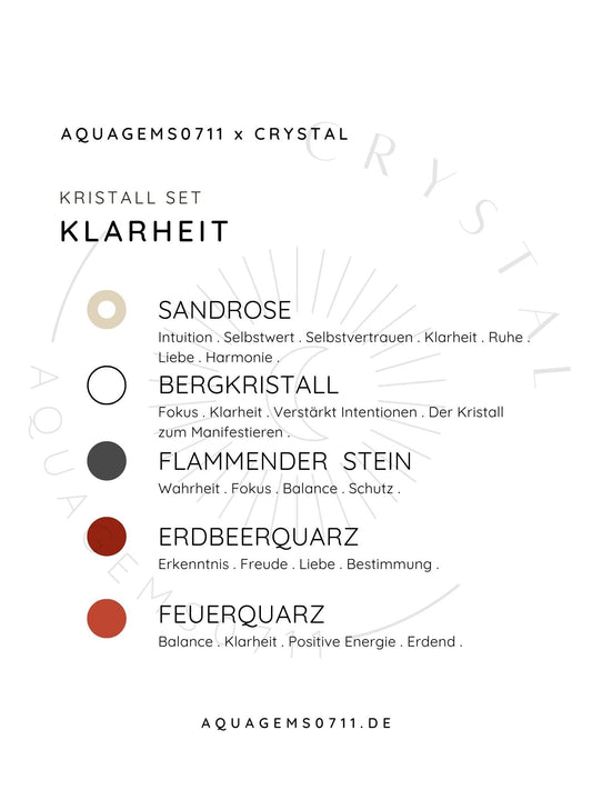 Kristall Set Klarheit . CRYSTAL KIT CLARITY . Sandrose . Bergkristall . Flammender Stein . Erdbeerquarz . Feuerquarz