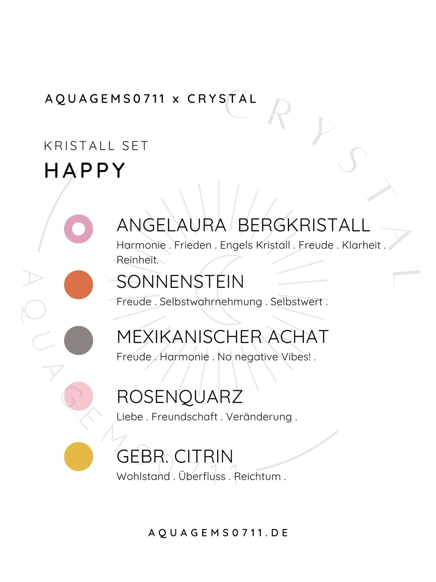 Kristall Set glücklich . CRYSTAL KIT HAPPY . AngelAura Bergkristall . Sonnenstein . Mexikanischer Achat . Rosenquarz . Gebr. Citrin