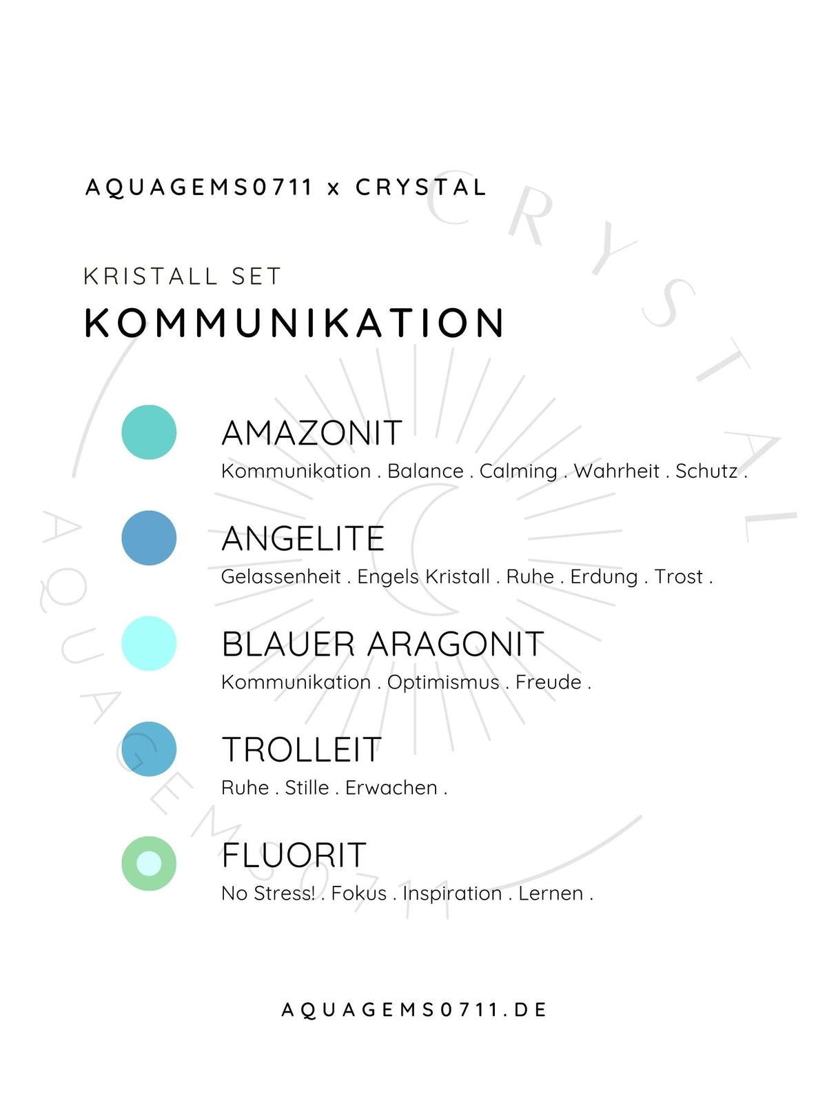 Kristall Set Kommunikation . CRYSTAL KIT COMMUNICATION . Amazonit . Angelite . Blauer Aragonit . Trollite . Fluorit.