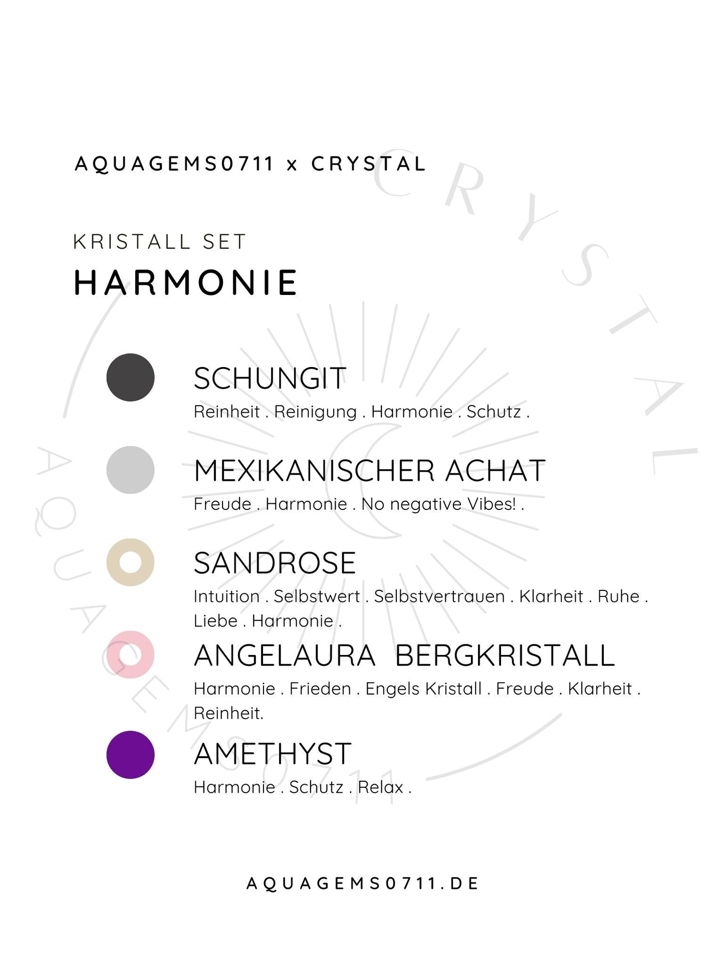 Kristall Set Harmonie . CRYSTAL KIT HARMOY . Schungit . Mexikanischer Achat . Sandrose . AngelAura Bergkristall . Amethyst