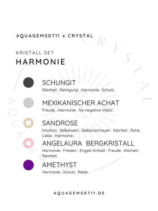 Kristall Set Harmonie . CRYSTAL KIT HARMOY . Schungit . Mexikanischer Achat . Sandrose . AngelAura Bergkristall . Amethyst