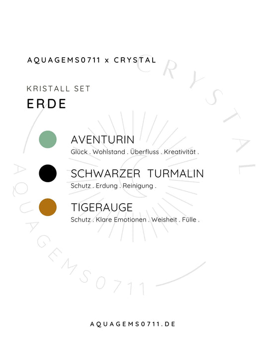 EARTH ELEMENT Crystal SET . Erde Element Edelstein Set. Stier. Jungfrau. Steinbock (Aventurin Schwarzer Turmalin. Schörl Tigerauge) High Quality