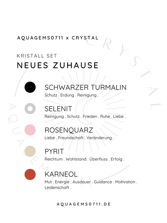 Kristall Set Neues Zuhause . CRYSTAL KIT NEW HOME . Schwarzer Turmalin . Selenit . Rosenquarz . Pyrit . Karneol.